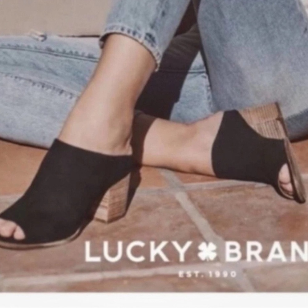 Lucky Brand Organza Peep Toe Nubuck Leather Block Heeled Mules Black Size 6.5